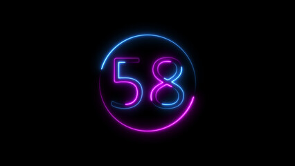 Glowing neon sign displaying the number fifty eight inside a vibrant circle