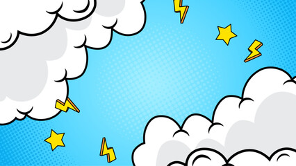 Pop art design with clouds, stars, and lightning bolts. Perfect for backgrounds, posters, or designs with a funky, retro vibe.