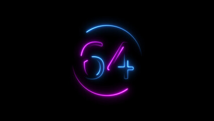 Neon sign illustration of the number 64 plus symbol with modern glowing effects