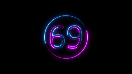 Glowing neon number sixty nine with blue and pink illumination against a black background