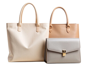 Front View of Beige Textured Tote Bag with Gray Clutch Set, Transparent PNG
