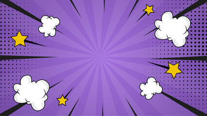 Purple comic book background with stars, speech bubbles, and rays perfect for vibrant designs related to comics, superheroes, or communication.