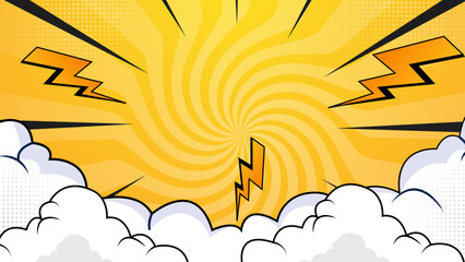 Yellow comic book background with lightning bolts and clouds, suitable for comic book covers, superhero themed designs, or children's illustrations.