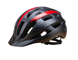 Front View of Black Bike Helmet with Bold Red Stripe on Wooden Shelf, Transparent PNG