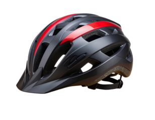 Front View of Black Bike Helmet with Bold Red Stripe on Wooden Shelf, Transparent PNG