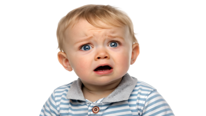 Baby boy face expression portrait photography with blue eyes and blonde hair looking scared and upset on black 100 isolated on transparent white background png