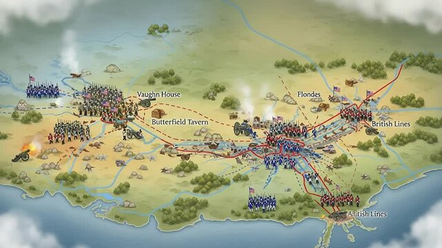 Animated map of the Bennington Battleground showing troop movements and key locations during the Revolutionary War.