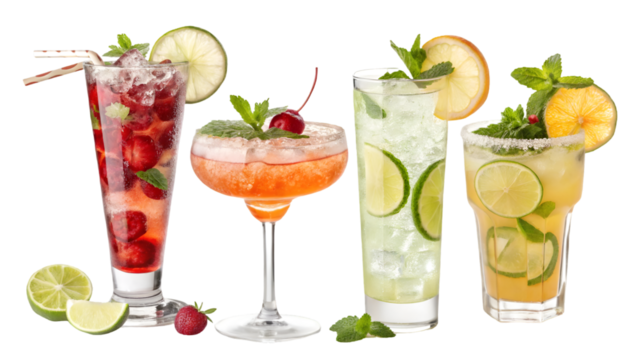 Refreshing cocktails summer drinks recipe ideas alcoholic beverages party drinks mixed drinks bar drinks lime mint cherry isolated on transparent white background png - Powered by Adobe