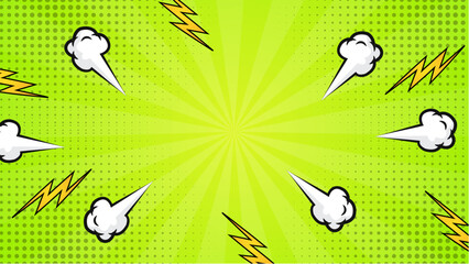Green comic book background with lightning bolts and speech bubbles, perfect for superhero themed designs, posters, or digital comics. Suitable for graphic design. © QalbQuill