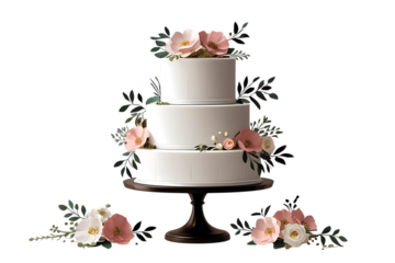 Three tier cake with pink flowers on dark stand