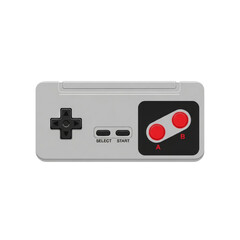 Fototapeta premium A top-down view of a classic grey video game controller with red buttons and a black directional pad.