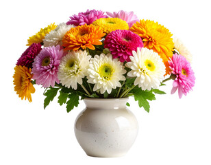 Front View of Colorful Chrysanthemum Bouquet in Speckled White Ceramic Vase, Transparent PNG