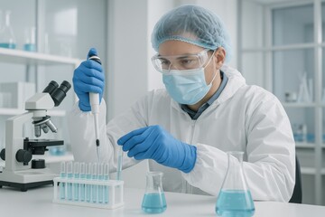 Fototapeta premium Medical researcher in protective equipment conducting laboratory experiments for vaccine development