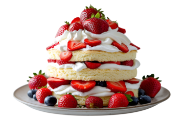 A layered strawberry shortcake with whipped cream