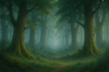 Mystical forest landscape with tall trees shrouded in ethereal morning mist