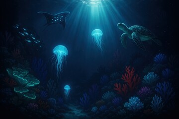 Fototapeta premium Mystical Underwater Realm with Bioluminescent Creatures and Sunbeam Penetration