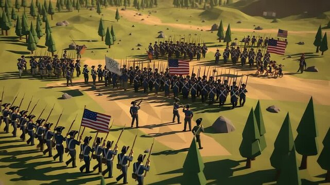 Low poly American Revolutionary War scene displaying troops marching on a green landscape, with trees, and commanders