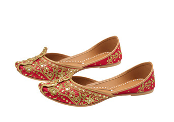 Isolated Traditional Red and Gold Embroidered Indian Juttis Footwear PNG