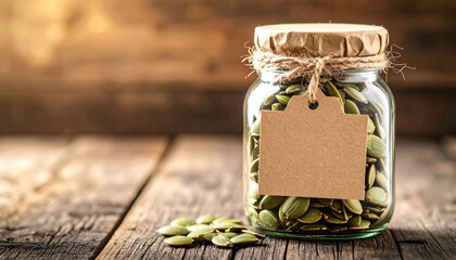 Macro shot of pumpkin seeds inside a clear glass jar with kraft paper label