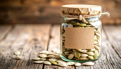 Macro shot of pumpkin seeds inside a clear glass jar with kraft paper label