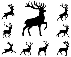 Deer silhouette set collection, deer icons in various poses, black color, isolated on white background
