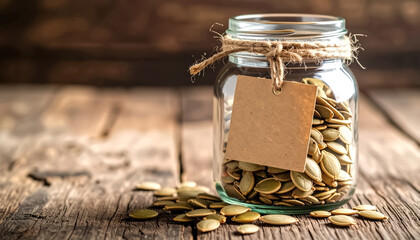 Macro shot of pumpkin seeds inside a clear glass jar with kraft paper label