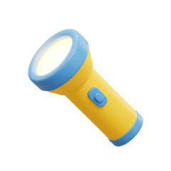 A yellow and blue flashlight emitting a bright light isolated on transparent background