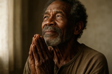 Obraz premium Portrait of Hope with Weathered Hands and Uplifting Spiritual Expression