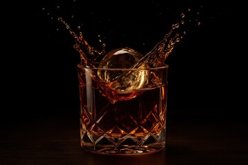 Premium aged bourbon with perfectly carved ice sphere creating elegant splash in crystal tumbler against moody lighting