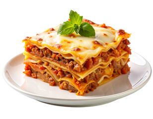 Front View of Layered Lasagna with Melted Cheese and Meat Sauce on White Plate, Transparent PNG