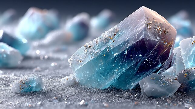 Translucent blue crystal shards scattered on a textured, glittering, white surface