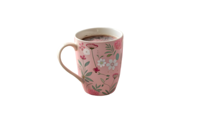 Floral mug coffee tea pink beverage drink cup hot chocolate morning cozy aesthetic still life 100 character isolated on transparent white background png