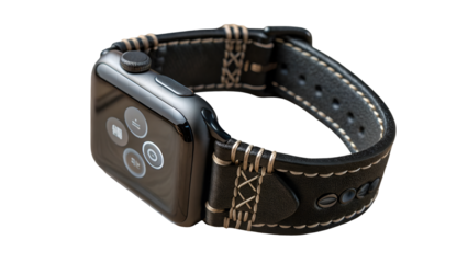 Apple watch band leather handcrafted black silver stitching rugged style for men and women accessory trendy isolated on transparent white background png