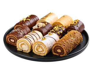 Front View of Rolled Chocolate and Vanilla Pastries with Gold Leaf on Dark Plate, Transparent PNG