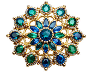 Front View of Ornate Gold Brooch with Blue and Green Gemstones, Transparent PNG