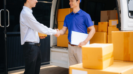 Delivery Asian man by sending box of parcel to customers service at home
