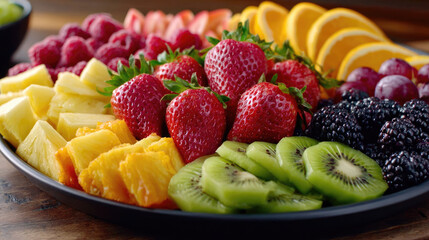 Private jacuzzi concept. A colorful assortment of fresh fruits on a platter.