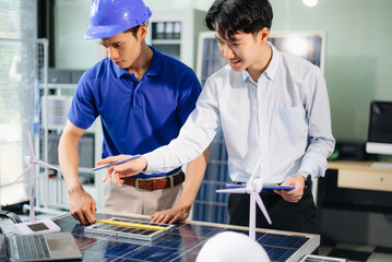 Engineer Team Meeting of Sustainable on a solar and wind energy project, discussing innovation