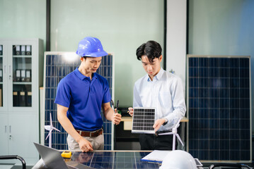 Engineer Team Meeting of Sustainable on a solar and wind energy project, discussing innovation