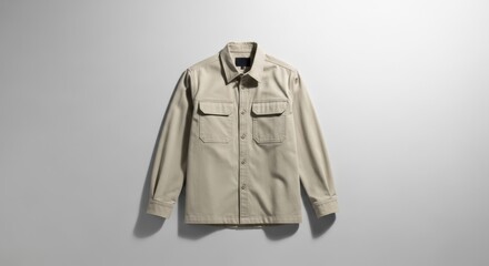 Stylish Beige Long Sleeve Utility Shirt Displayed on Minimalist Gray Background for Fashion Enthusiasts