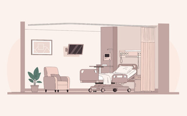 Pastel Hospital Room with Bed Chair and Plant.