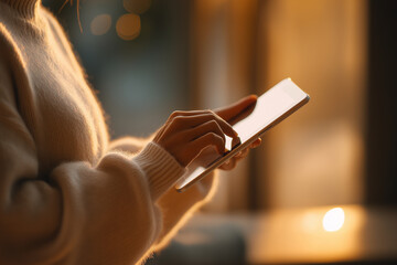 Woman in sweater using tablet device with fingers touching screen in warm indoor lighting setting view