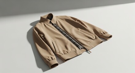 Stylish Beige Jacket with Plaid Detailing on a Minimalistic White Surface