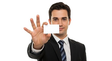 Handsome businessman presenting a business card, ready to connect and share.