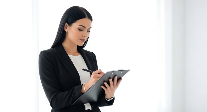 A businesswoman taking notes, dressed in a stylish blazer. 