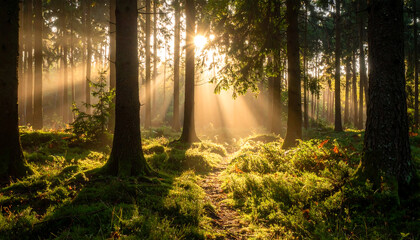 Obraz premium Sunlight filtering through tall trees in dense forest with green moss and plants covering ground, creating peaceful and warm atmosphere