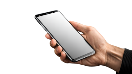 Hand holding smartphone mobile phone device technology blank screen mockup in black background image 100 isolated on transparent white background png