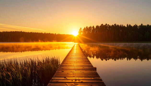 Sunrise over calm lake with wooden pier leading into misty water and forest silhouette in warm golden light - Powered by Adobe