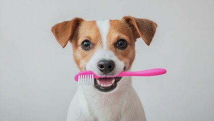 Happy Dog Holding Toothbrush in Mouth, Close-Up on White Studio Background for Pet Care Concept
