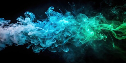 Mysterious aura of artificial smoke in blue green light on black background